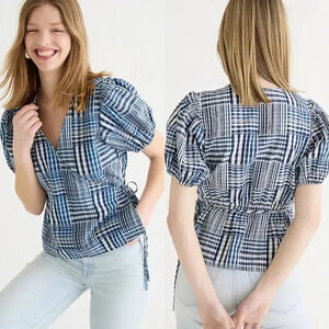 J.Crew Puff Sleeve Wrap Top Indigo Plaid Patchwork Cotton Blouse Size XS